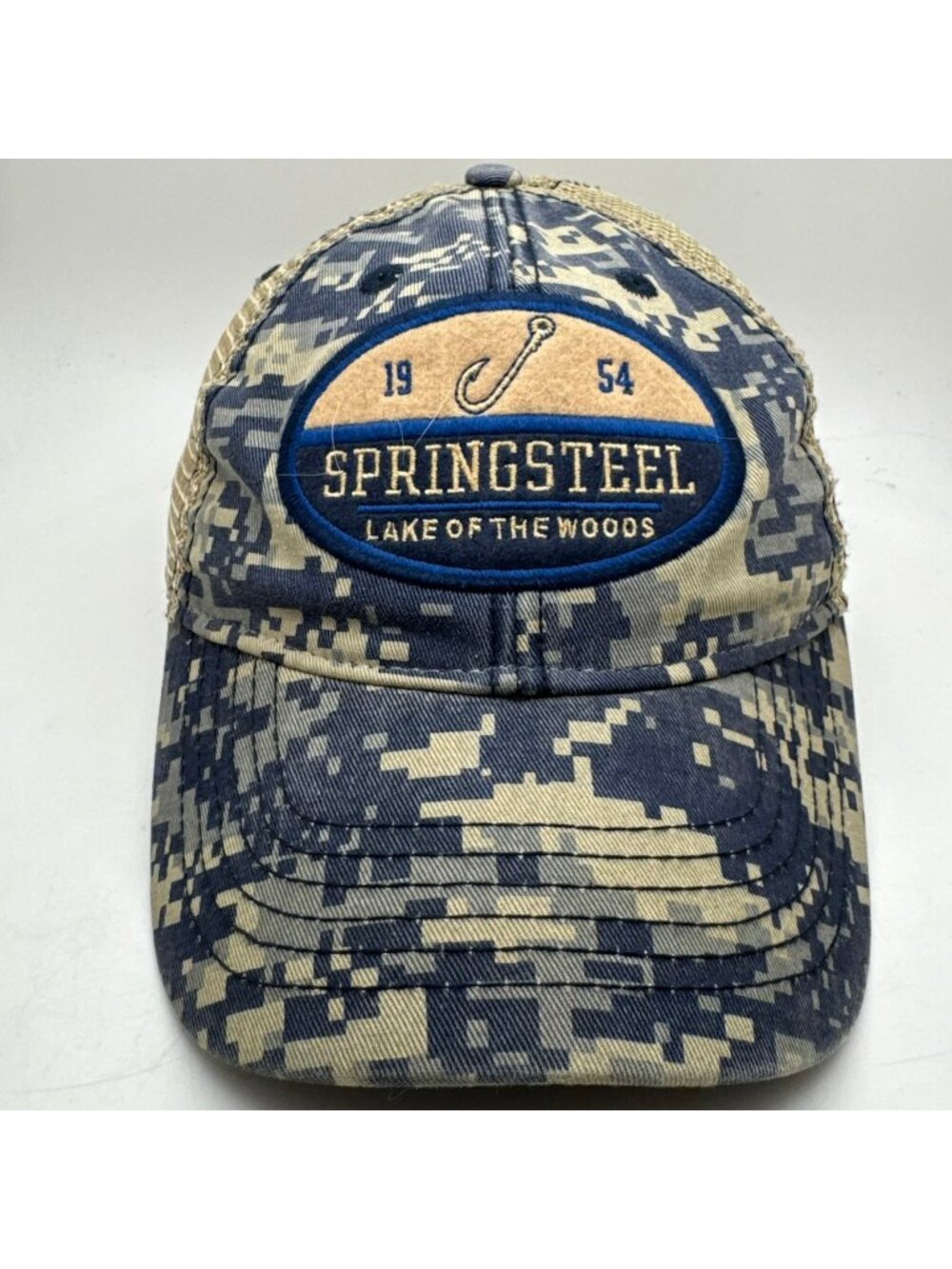 Legacy Springsteel Lake of the Woods Trucker Hat Men's Blue Tan Digital Camo